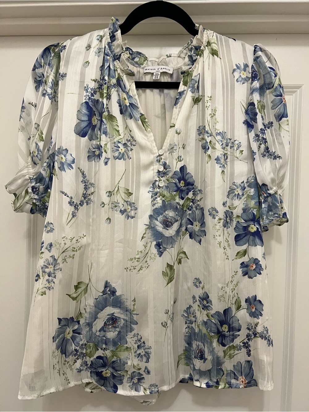Maison D’ Amélie White Blouse with Blue Floral Print